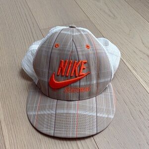 Nike Tan Plaid Trucker Hat with Orange Logo